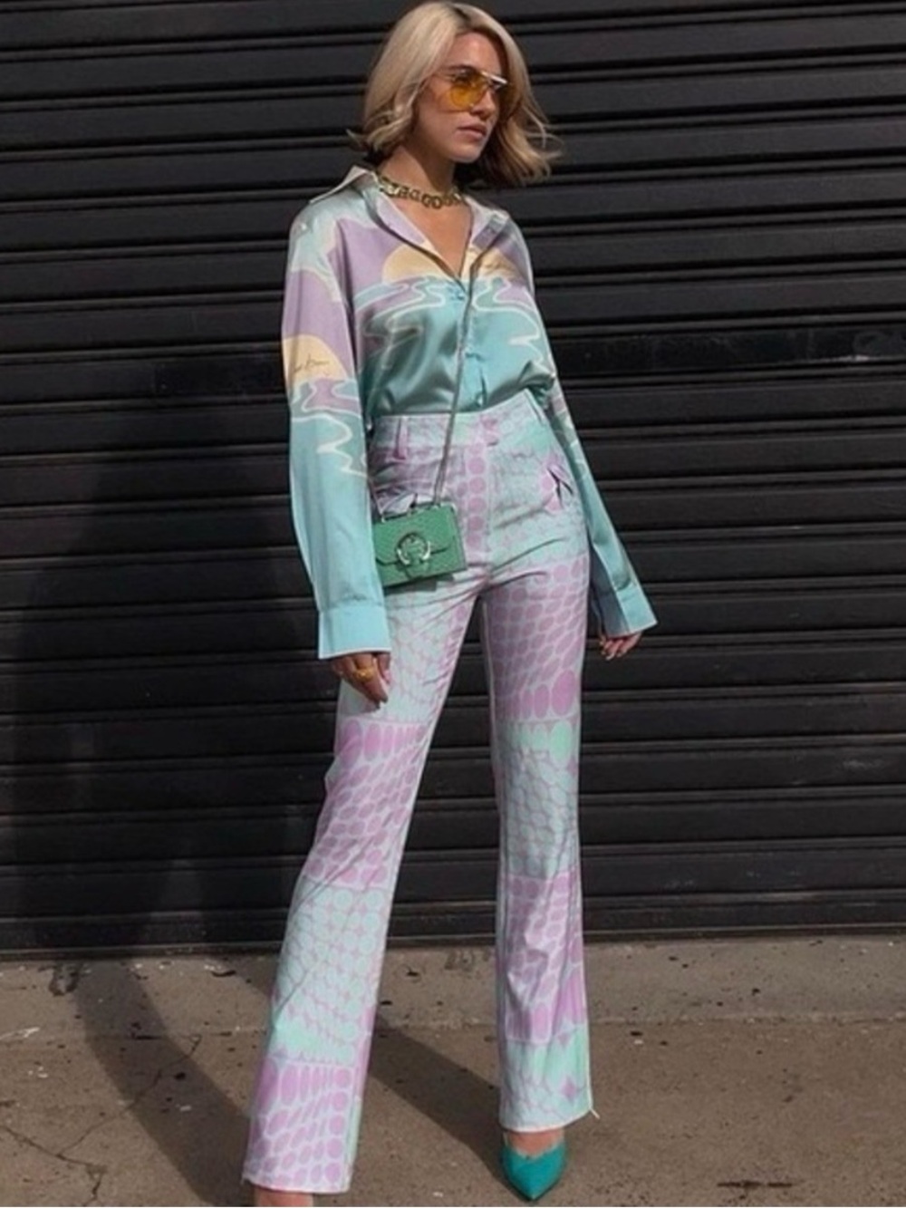 House of Sunny Pastel Mint and Lavender Psychedelic Dot High-Waist Pants